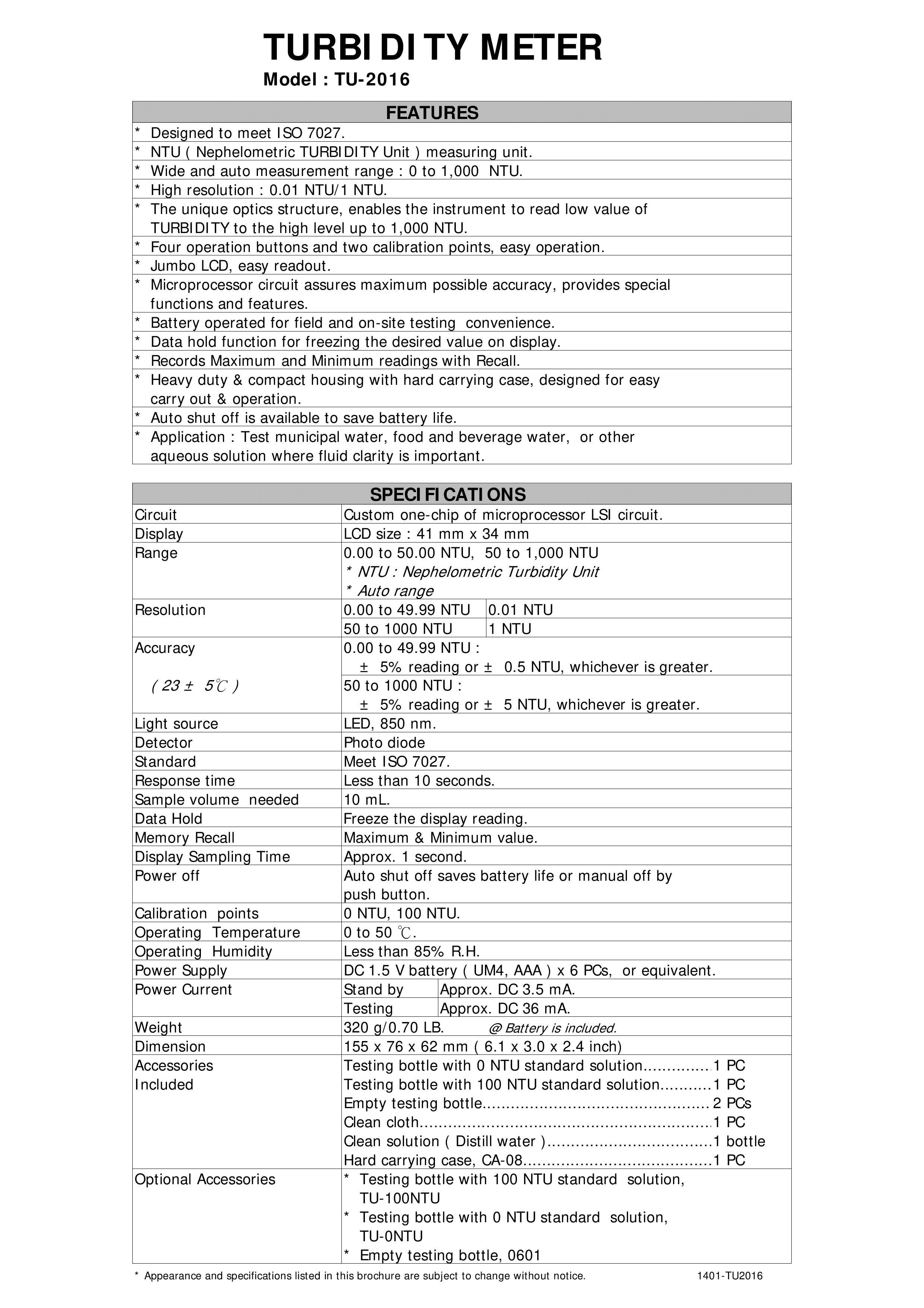 LUTRON - TU-2016 - Turbidity Meter